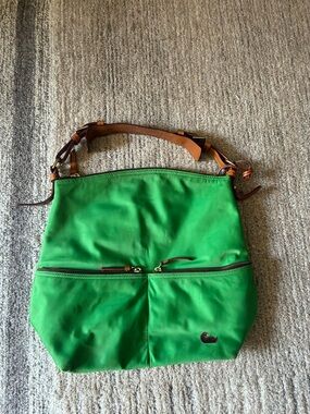 Dooney & Bourke Green Nylon Shoulder Bag with Brown Leather Trim & Duck Logo